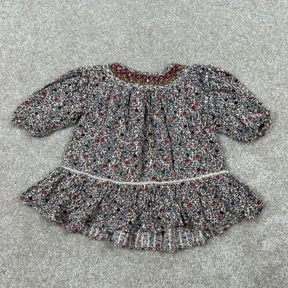 Zara Kids Girls Floral Embroidered Smocked Blouse Peplum Top Multicolor Size 2-3